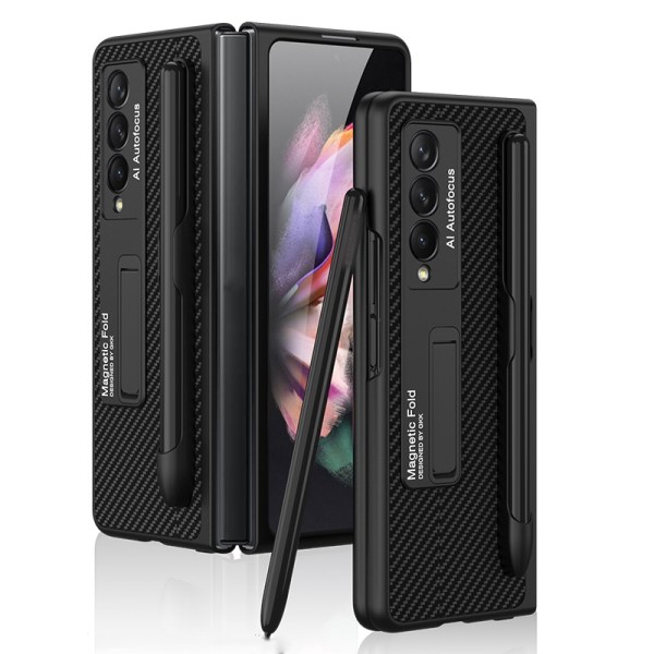 GKK PC + PU- case med hållare för Samsung Galaxy Z Fold3 5G Carbon Fiber Texture