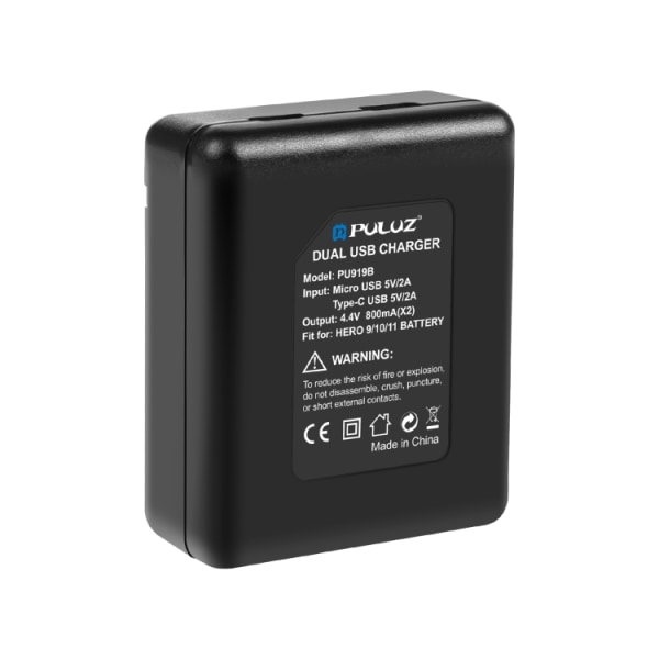 PULUZ USB Dual Batteries Laddare för GoPro HERO12 Svart /11 Svart /10 Svart /9 Svart (Svart) Black