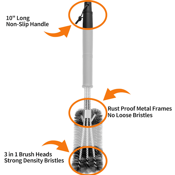 BBQ Grillbørste – 18” Grillbørste for Rengjøring, Grillristrenser i Rustfritt Stål, Sikker Skrubb, 3 i 1 Grillbørste