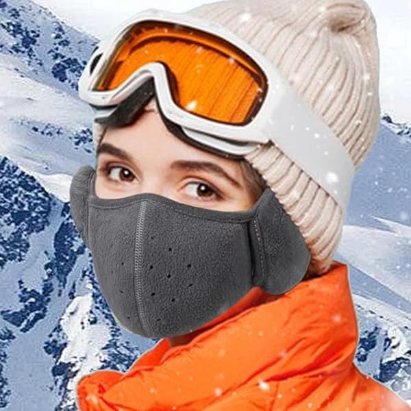 2-i-1 Vinter Ansigtsmaske Med Ørevarmere, Tyk Polyesterfleece, Vindtæt, Til Cykling, Skiløb Og Vandring, Mørkegrå, One Size
