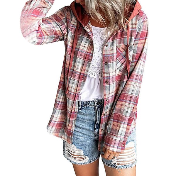 Uformell rutete damehettegenser, langermet bluse med knapper, rød Red S