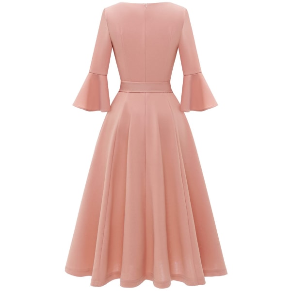 Elegant Cocktailpartyklänningar med klockärmar för kvinnor för bröllop Gästpassform och utsvängning Modest Church Midi Evening Dress pink S