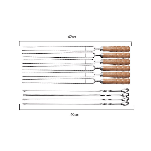 10 stk/sett rustfritt stål wire grillspyd trehåndtak grillspyd utendørs camping grill T