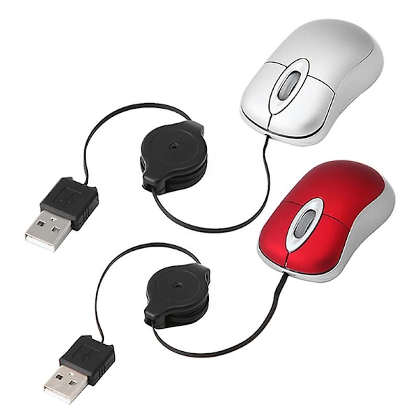 2x Mini Usb Wired Mus med Retraktorkabel, Liten Mus, 1600 Dpi Optisk Kompakt Reisemus for