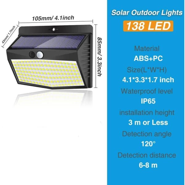 138 LED Solcellelamper Utendørs Bevegelsessensor, IP65 Vanntett, 3 Moduser, 3-pakning, Energiklasse E