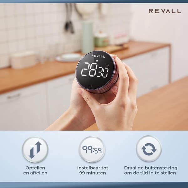 REVALL Digital kökstimer med magnetisk baksida, LED-display, justerbar volym, minnesfunktion, nedräkningstimer för matlagning, svart