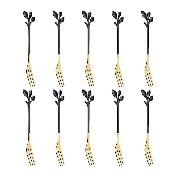 10 stk. Smageservering Dessertgafler i Rustfrit Stål Blad Appetizer Gaffelfrugtgaffel, Opvaskemaskine Sikker Sort G Z