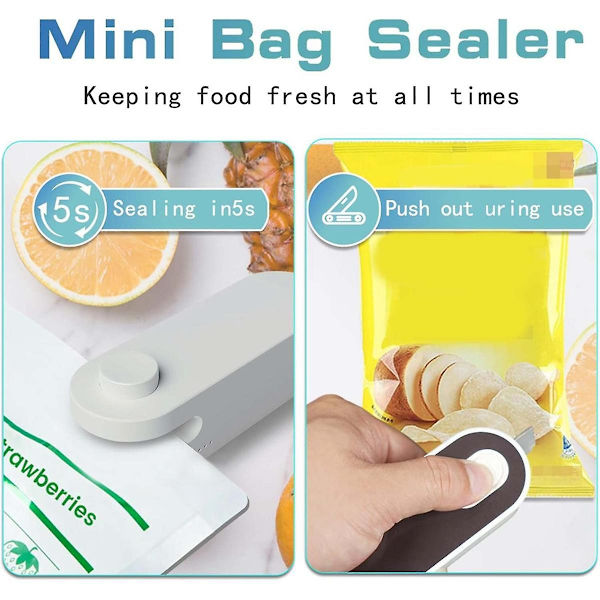 Mini poselukker, 2-i-1 genopladelig håndholdt plastforsegler, vakuumforseglingsmaskine til at holde mad