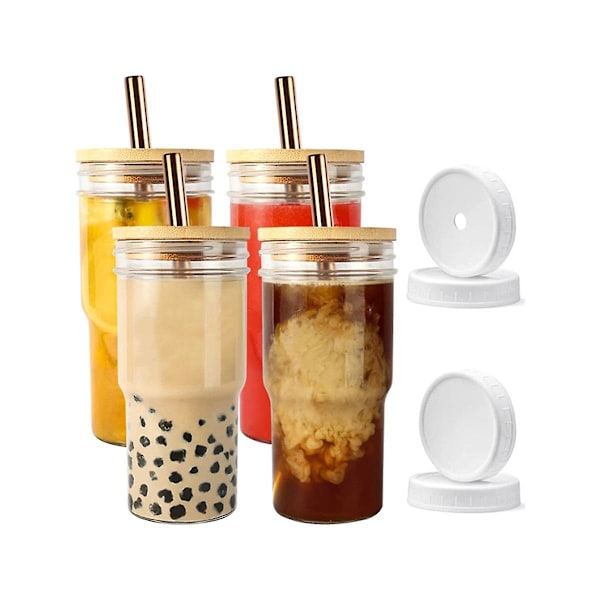 Glass med lokk og sugerør, 4-delt, 24-ounce reiseskål, bred munn, 4-delt, 24-ounce reise
