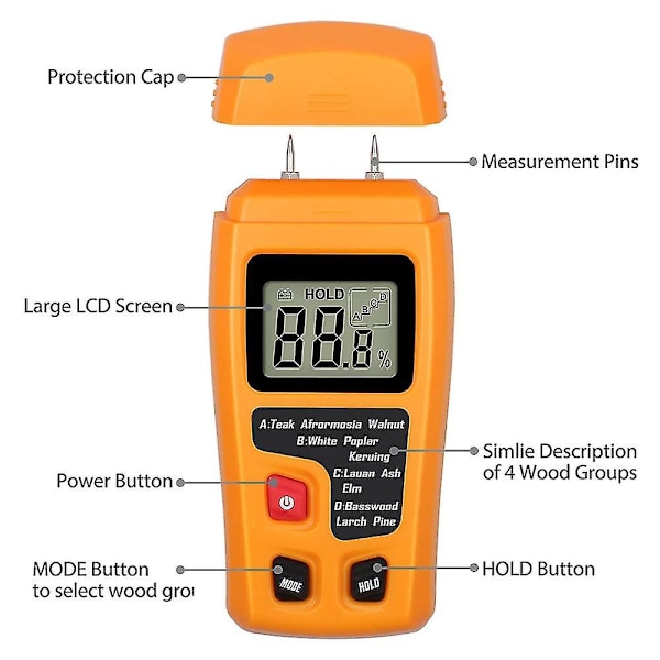 Handhållen fuktmätare för trä, LCD-fuktmätare för trä, fuktdetektor för ved, papper, fuktmätning