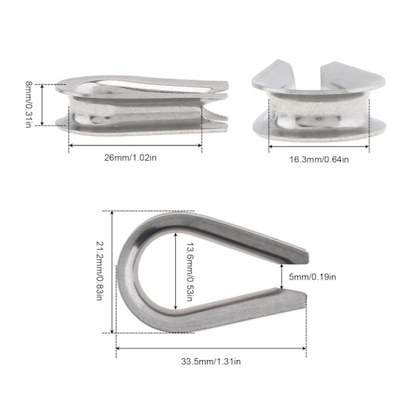 6 stk. Wire Rope Thimbles, M5 rustfrit stål thimble til kabelrigning ekstra kraftig wire rope thimbl