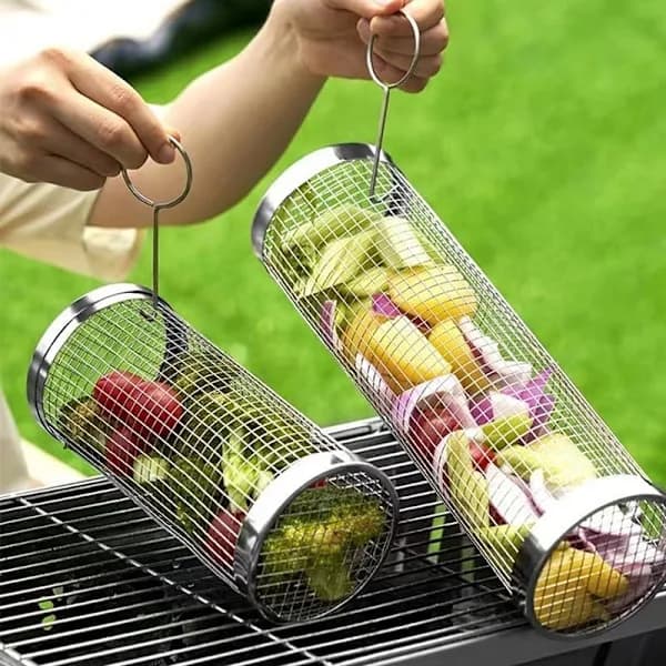 Rullende grillkurv i rustfrit stål, cylindrisk net-grillkurv til udendørs camping og baghavegrill, 20 x 9 cm