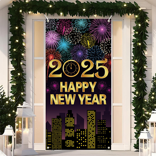 Stor Dørdekselbanner med "Happy New Year"-Motiv, Hengende Bakgrunn, Fotoboksrekvisitt til Nyttårsfest Innendørs/Utendørs