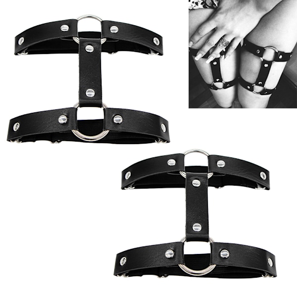 1 Par Elastiska 2 Rader Läder Bensele Strumpeband Punk Gotisk Lårring Strumpeband black