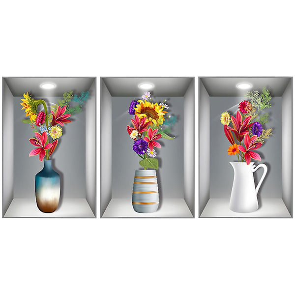 3 st blommiga väggdekaler Krukväxter 3D väggdekaler Hemmakontorsdekorationer