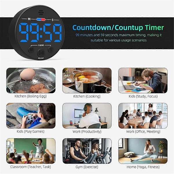 Visuel digital timer med LED-display - perfekt til køkkenet, blå