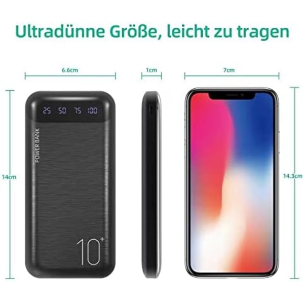 10000mAh Powerbank - Dobbel USB & USB-C Bærbar Lader for iPhone/Huawei/Samsung