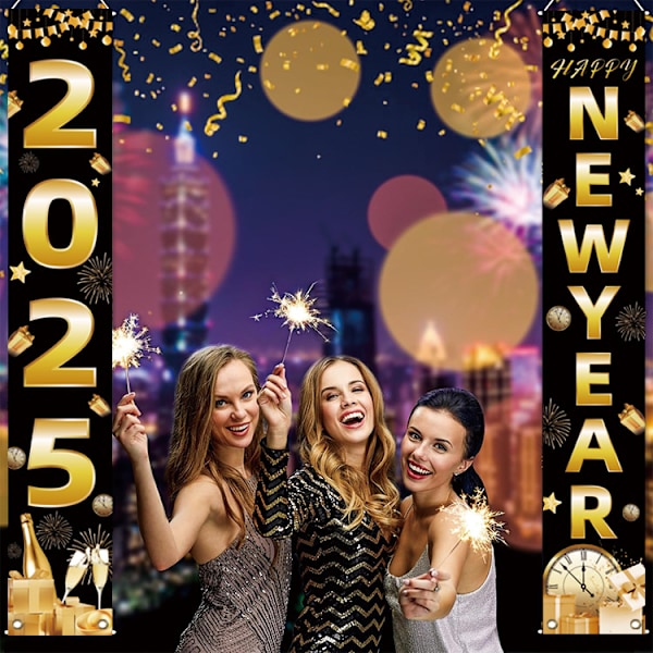 Svart Happy New Year-banderoll, Happy New Year-dekorationer för utomhus inomhus hemvägg, hängande dekorationer