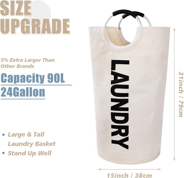 Laundry Basket with Padded Handles, Waterproof Foldable Laundry Hamper, Laundry Basket for Bathroom, Laundry Room, Dorm Room White