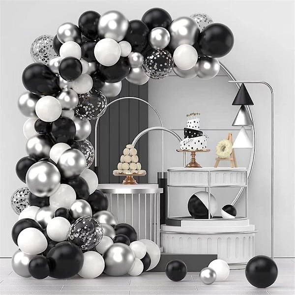 Elegant 85-delt sort og sølv ballonbue sæt - Premium kvalitet latex balloner