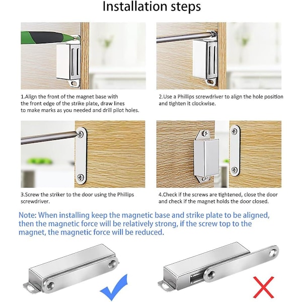 Magnetisk dørstopper 30 kg trekkraft Sterk magnet skaplåser Magnetisk maskinvare Rustfritt stål Krom dørlukker (60 lbs styrke 2-pakning)