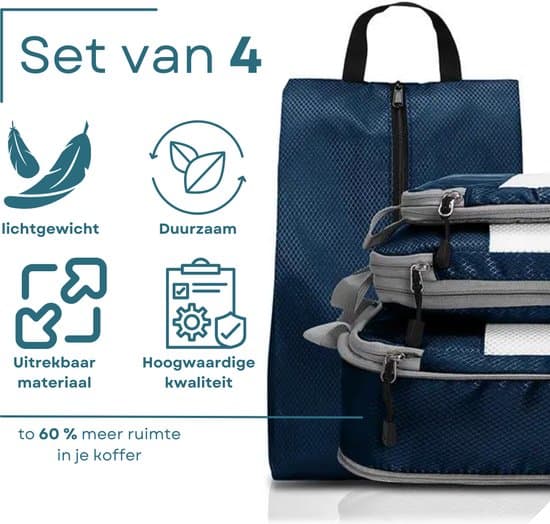 Kompression-packväskor 4-pack, 60 % platsbesparande reseorganisatör med kompressionsdragkedja och nätlock för resväska, marinblå