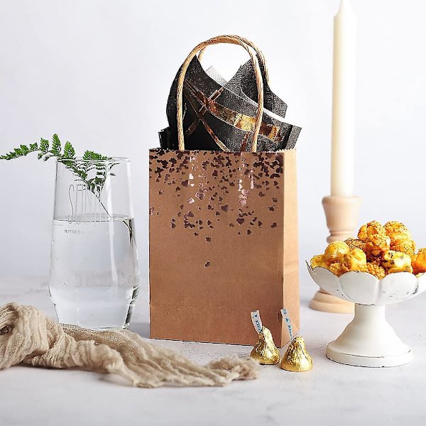 16 st presentpåsar i kraftpapper, papperspåsar, festpåsar i papper med vacker gulddesign, kraftpapperspåse