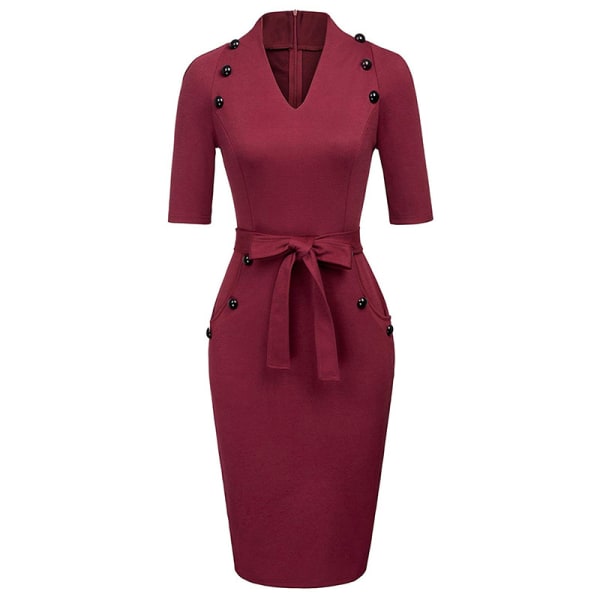 Kortärmad Bodycon-klänning för kvinnor med bälte Business Cocktail Funeral Pencil-klänning med fäste wine red M