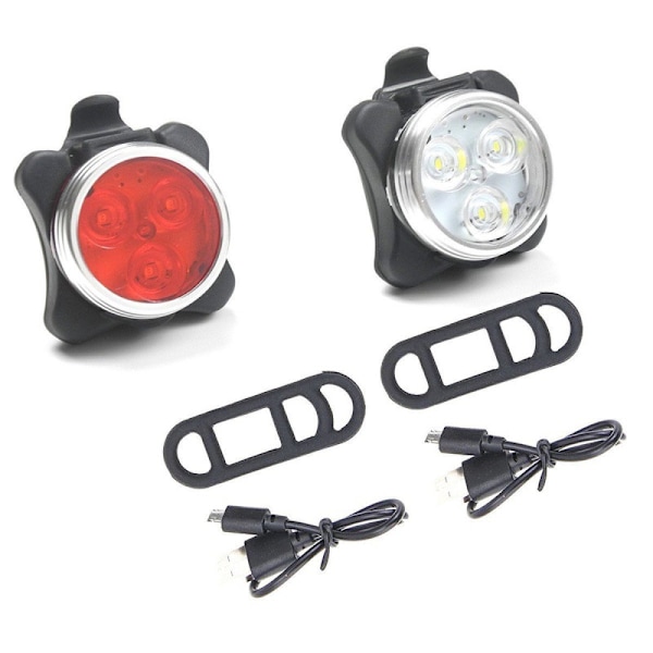 Superlysende vandtæt for- og baglygtesæt til cykler - 4 lystilstande - (2 sorte LED-lygter, 2 USB, 2 stropper)