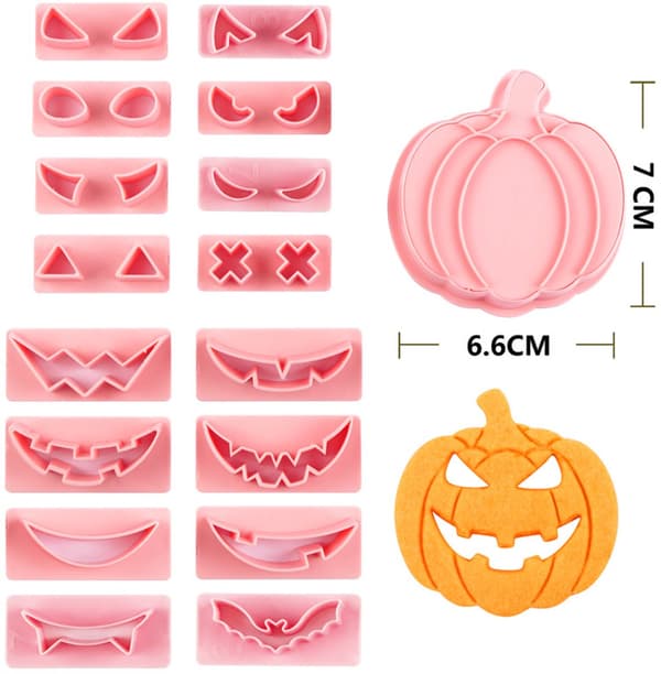 Halloween kakformset, PP-plast pumpa ansiktsformar med 8 ögon- och 8 munformer, för kakor och Halloweenfester, rosa