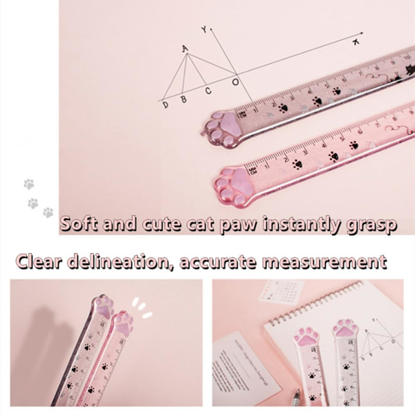 2 stk. Pink søde tegneserie katteklo lineal, lige lineal, tegne lineal i plast, bærbar lineal, målelineal, brevpapir