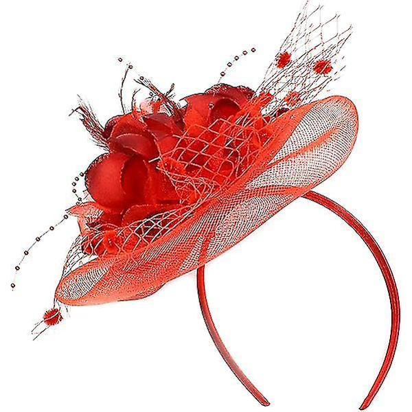 Dam Fascinator Pillbox Hatt Kvinnor Blomma Bowler Hatt Fjäder Bröllop Cocktail Hatt Hårklämma Fest Hatt Hårtillbehör med Hårögla(röd)
