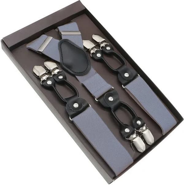 Justerbare Y-ryg seler, elastisk polyester med 6 clips, læder midterstykke, unisex, denim blå grå, 35mm x 120cm
