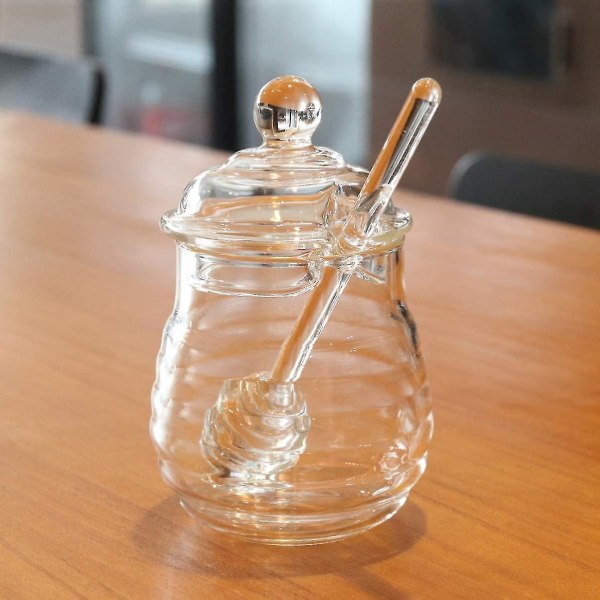 250 ml:n hunajapurkki ja -lusikka -setti, lasiset lusikat, minipurkit, lusikka säiliöllä, annostelija, lasinen hunajapurkkisetti, läpinäkyvä, kirkas, lämmönkestävä hillo