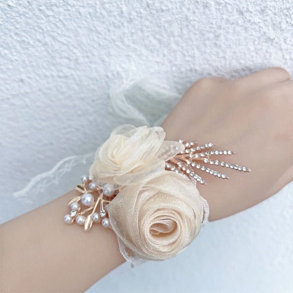 Piger Brudepige Håndledsblomster Perle Rhinestones Rose Armbånd Stof Håndblomster 3