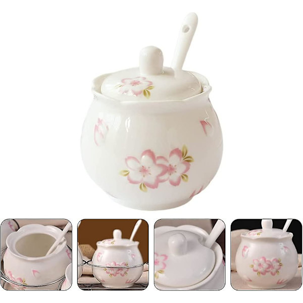 Keramisk sukkerskål med låg og skeer, porcelænsbeholdere til krydderier, saltbeholder