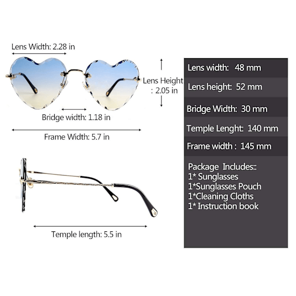 Hjerteformede solbriller uten ramme, tynne metallrammer, hjerteformede solbriller, søte briller for kvinner, blå