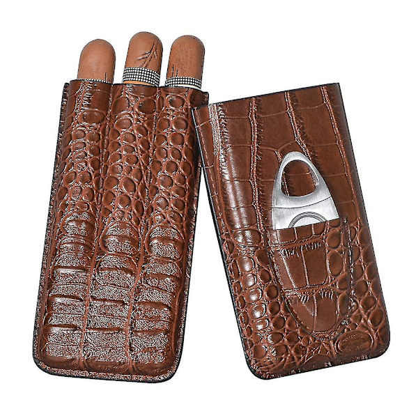 3 Rør Cigar Etui, Krokodillemønstret Læder Cigar Humidor Humidor Cigarboks Med Rustfrit Stål Cigarsaks (Ingen Cigarer)
