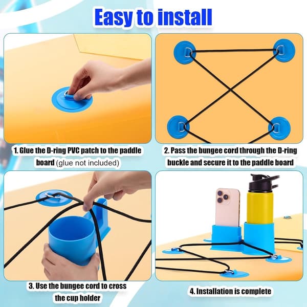 2-i-1 kopholder til paddleboard med telefonholder, 6 PVC D-ring-lapper og 2,5 meter elastisk bungee-snor, blå kopholder til paddleboards, kajakker, surfbrætter