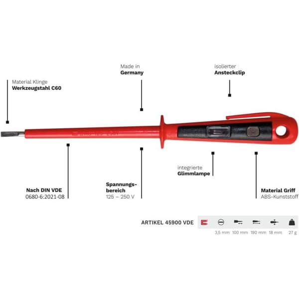 Spændingstester/Fasetester op til 250V Rød/Sort 190mm