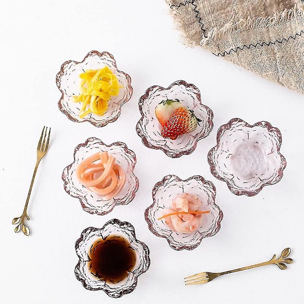 Rosa dessert skålar i form av körsbärsblomma, mini kristallskål, små glasskålar, tepåshållare, doppskålar, sojasås