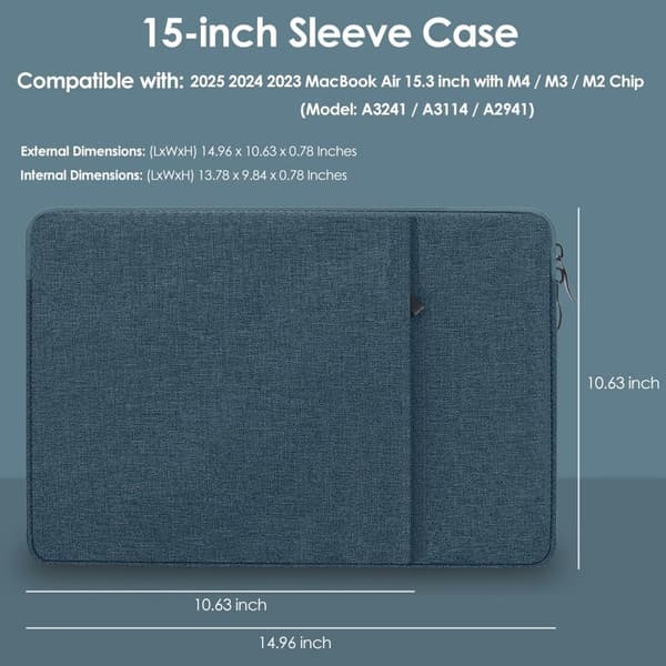 15,3-tums laptopfodral för MacBook Air, vattentät canvas, mjukt mockafoder, tillbehörsfickor, resor, mörkblå