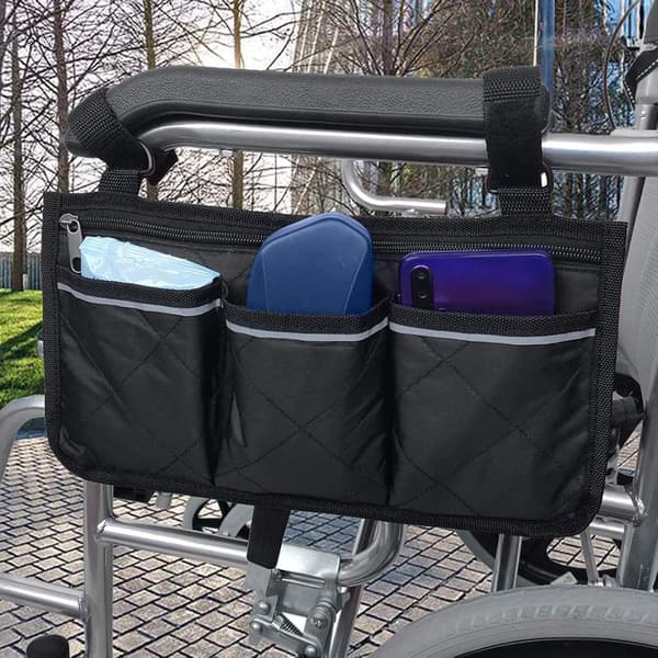 Rullstolssidoförvaringsväska med blixtlåsficka och reflexband för rullstolar, elrullstolar, barnvagnar, svart