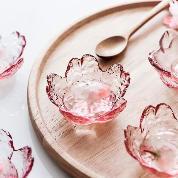Rosa dessert skålar i form av körsbärsblomma, mini kristallskål, små glasskålar, tepåshållare, doppskålar, sojasås