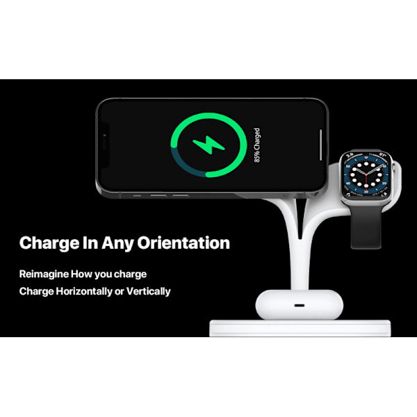 Vit trådlös laddningsstation 3 i 1 Snabb säker magnetisk laddningsstativ Bärbar för flera enheter