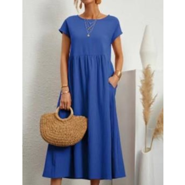 Rejäl ärmlös lös ficka bomullslinneklänning för kvinnor blue XXL