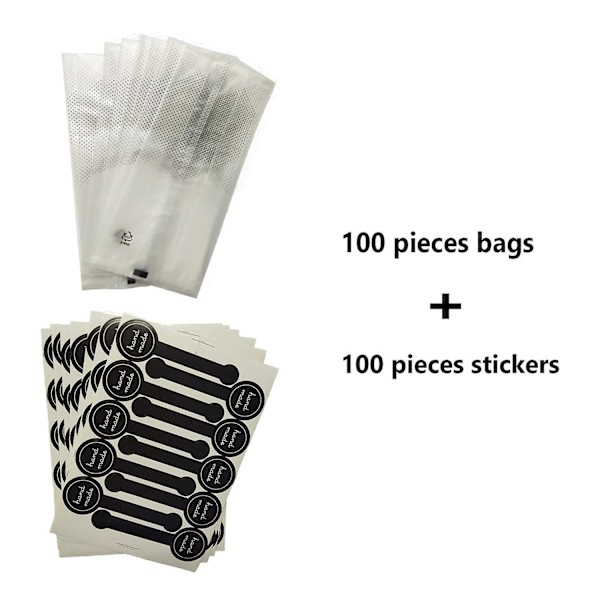 100 stk. Gennemskinnelige Plastik Cookieposer Med 100 stk. Hæng Fremstillede Klistermærker Til Cookies, Kage, Toast, Br