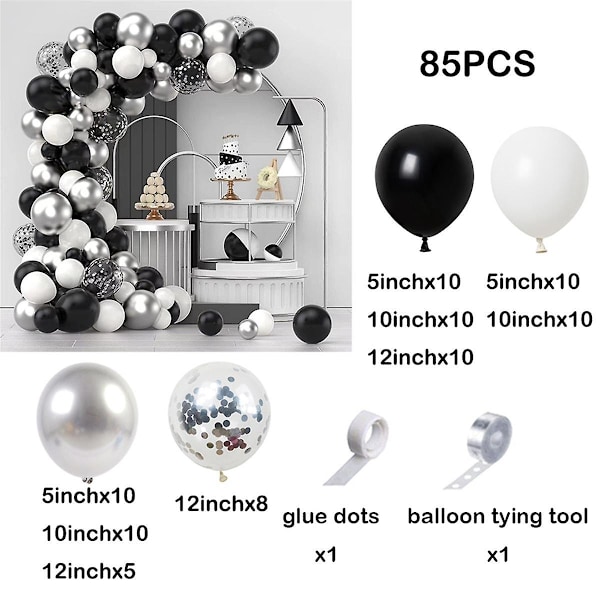 Elegant 85-delt sort og sølv ballonbue sæt - Premium kvalitet latex balloner