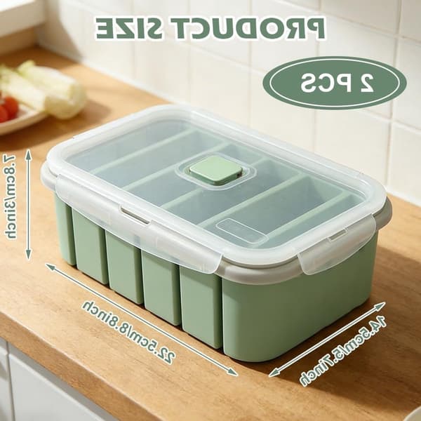 Silikonfrysform med lock, 6 portioner med påfyllningslinjer, livsmedelssäker för soppa, buljong, barnmat, diskmaskins- och mikrovågssäker, grön, 2-pack