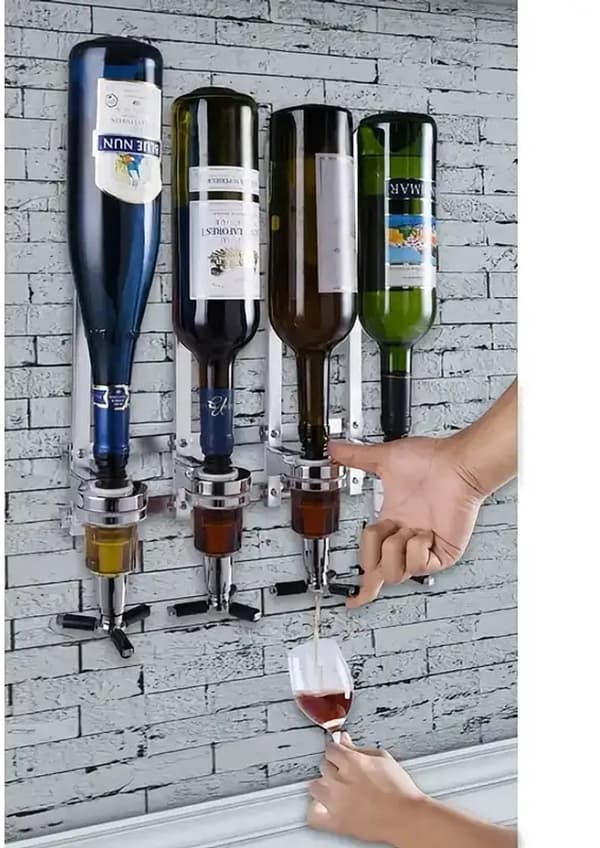 Väggmonterad dryckesdispenser med 4 flaskhållare, dispenser i kromoptik för bar och hobbyrum, passar de flesta flaskor, silver